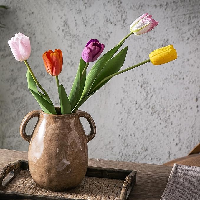 Kimdio Brown Ceramic Vase with 2 Handles, Modern Farmhouse Vase for Home Decor, Vintage Rustic Pottery Vase, Decorative Terracotta Vase, Clay Jug for Living Room Dining Table Shelf