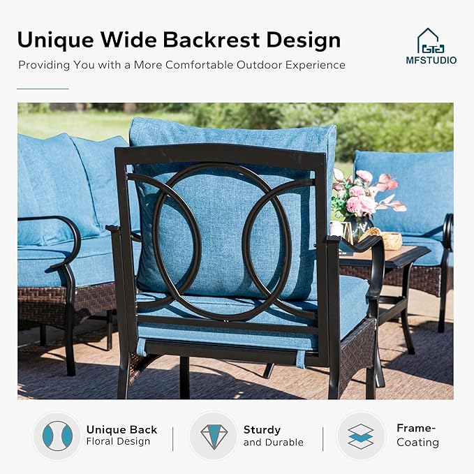 MFSTUDIO 5 PCS Outdoor Patio Furniture Set, Metal Outdoor Conversation Set, Rattan Wicker Patio Sectional Sofa Set with 2 x Rocking Single Sofa, 2-Seat and 3-Seat Sofa, 1 x Coffee Table, Navy Blue