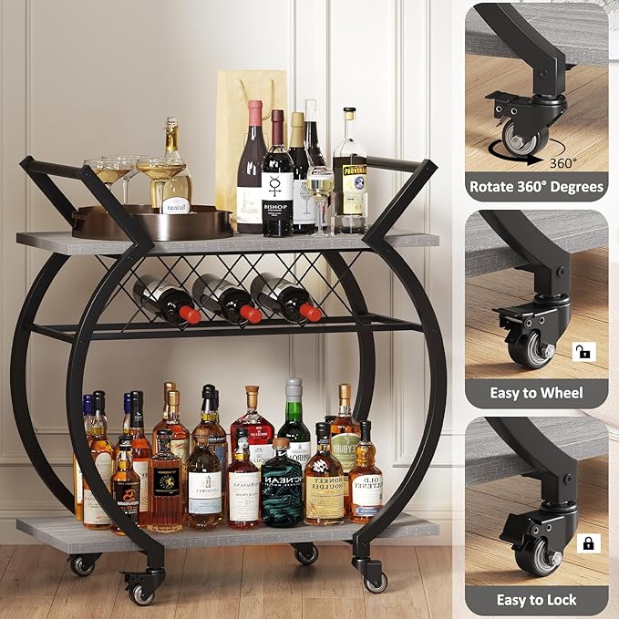 LVB Bar Cart with Wine Rack, 2 Tier Farmhouse Kitchen Cart on Wheels, Modern Wood and Metal Portable Coffee Cart Table for Home, Utility Industrial Mobile Serving Cart with Storage Shelf, Grey Oak