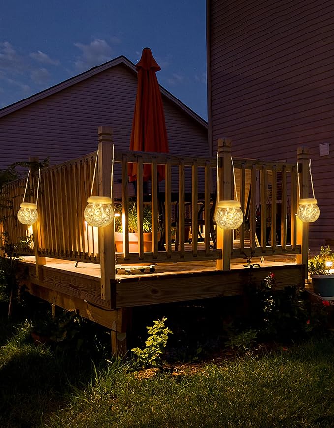 Solar Lantern Solar Lights Outdoor Waterproof 2-Pack, Solar Powered Hanging Lights Cracked Glass Hanging Globes for Christmas Decoration, Shepherd Hook, Garden Tree Ornaments, White Cap, Warm White