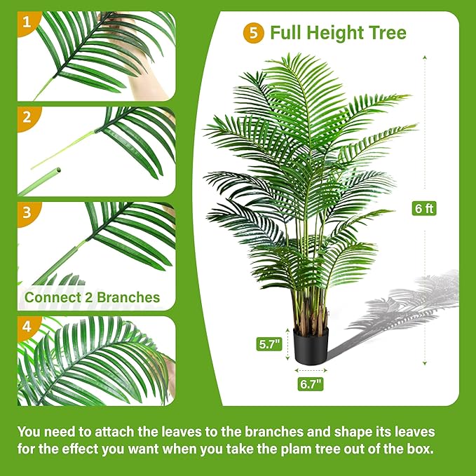 KOL 6ft 2-Pack Artificial Areca Palm Plant in Pot, Fake Tropical Cane Palm Silk Tree Indoor Outdoor, Dypsis Lutescens Plants, 70in Lifelike Faux Silk Plant Home Garden Decoration, Housewarming Gift