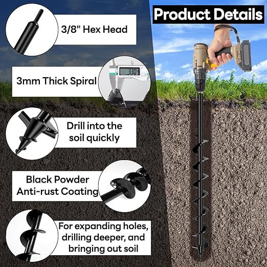 Upgraded Auger Drill Bit for Planting, 3''x32'' Drill Auger for Digging Holes, Heavy Duty Post Hole Digger for Garden Planting, Bulbs Fences Umbrella Holes, Fit 3/8" Hex Drive Drill