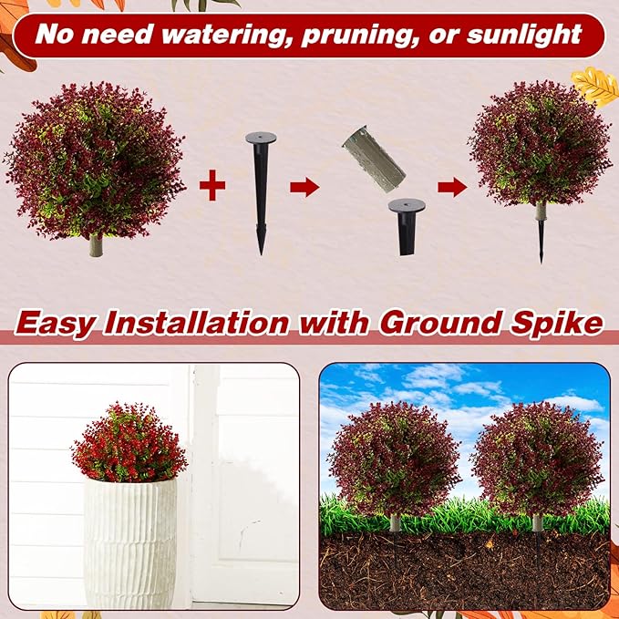 Yunlly 2 Pcs 18 Inch Artificial Boxwood Ball Topiary Tree Fake Outdoor Plants Bush, UV Resistance Faux Shrub with Spike Realistic Greenery Potted for Indoor Garden Yard Porch Patio Decor (Purple Red)