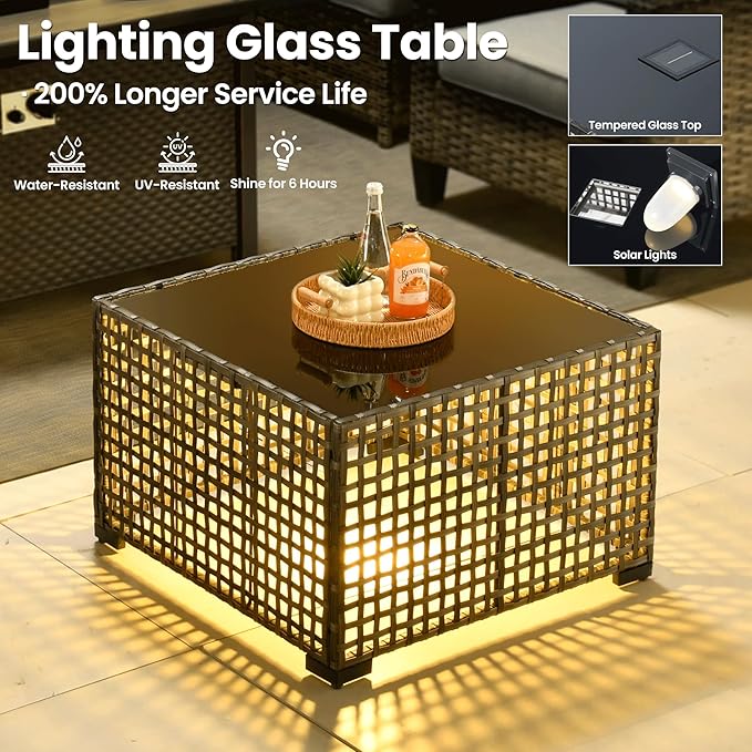 ovios 10 Pieces Patio Furniture Set with Swivel Chairs Rocking Gliders, 54" Fire Pit Table, Outdoor Sofa Couch with Solar Lights Table, Modern Deep Seat Wicker Rattan Conversation Set, Grey