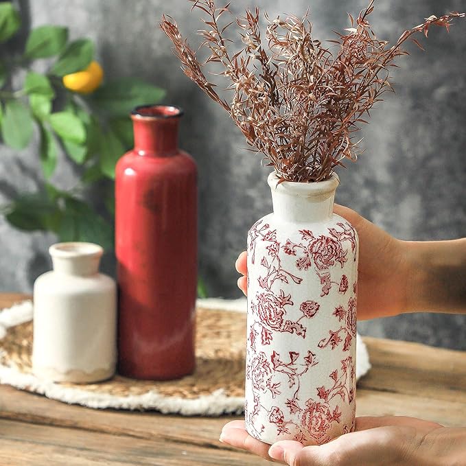 Vintage Vase Set of 3, Ceramic Vintage Flower Vases, Chinoiserie Decorative Home Decor Retro Floral Vase Rustic Farmhouse Decor for Table Bookshelf Mantel Kitchen Living Room Office - Red and White