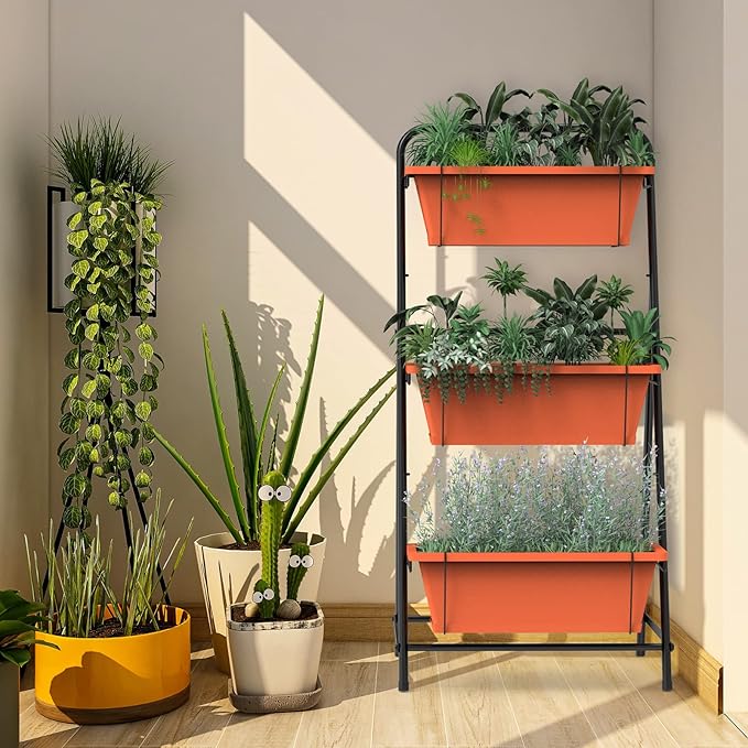 Vertical Raised Garden Bed 3 Tier Elevated Garden Planters Standing Planter Box Outdoor and Indoor for Plants Herbs Flowers Vegetables Brick Red