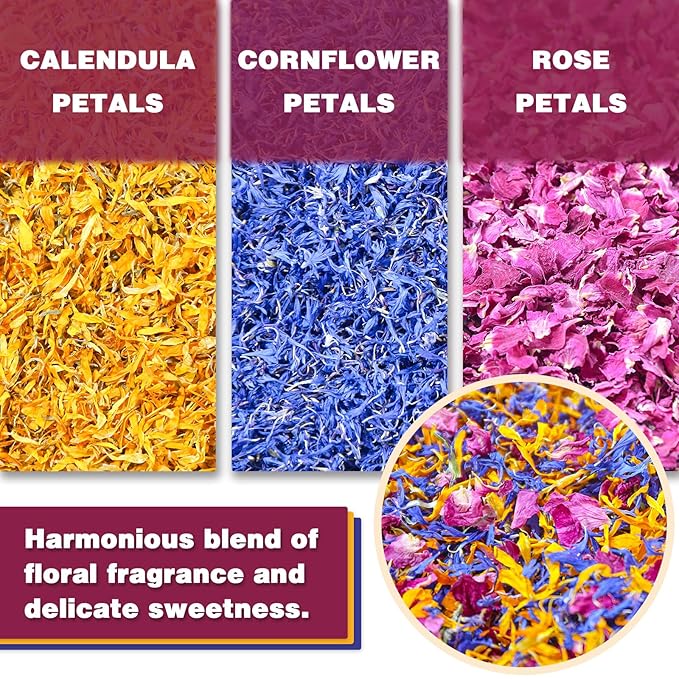 TEARELAE - Mixed Edible Flowers - Premium Rose, Cornflower, and Calendula Petals - Edible Cake Decorations - Pure Natural - Caffeine-Free - for Drink, Tea, Salad and Soap - 0.49oz/14g