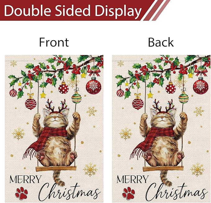 Heyfibro Merry Christmas Cute Cat Swing Garden Flag 12x18 Inch Double Sided Burlap, Retro Christmas Ball Snowflake Yard Banner for Winter Holiday Xmas Seasonal Outdoor Decoration(ONLY FLAG)