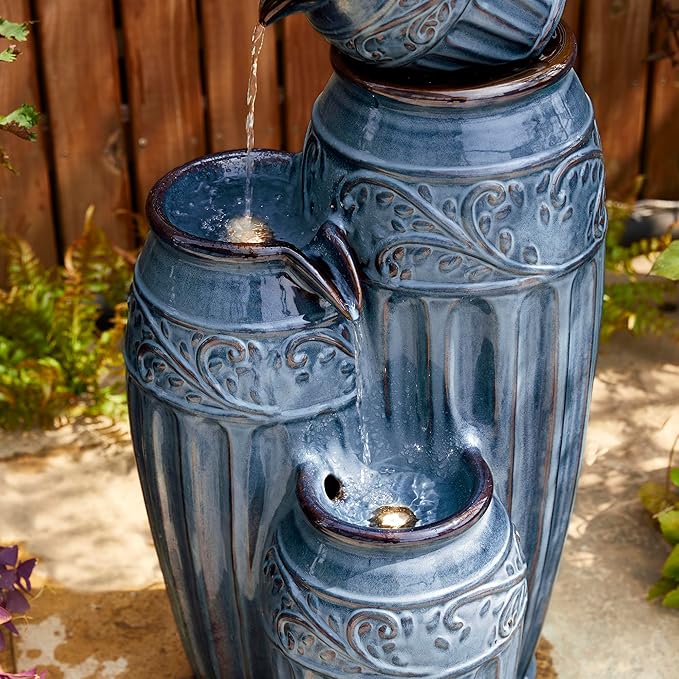 Glitzhome 35.5" H Oversized Outdoor Water Fountain with LED Lights and Pump, 4 Tier Turquoise Embossed Pattern Ceramic Pots Fountains, Cascading Standing Fountain for Porch Deck Garden Patio Backyard