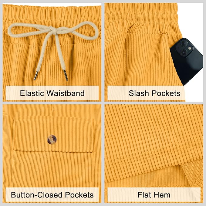 Mens Cargo Shorts Casual Drawstring Elastic Waist Corduroy Summer Beach Shorts with Pockets