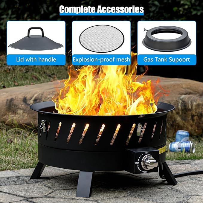 22 inch Portable Propane Fire Pits, Gas Fire Pit Bowl for Outside with Lid & Handle, Smokeless Gas Firebowl,Propane Firepit for Camping, Patio, Yard, Garden