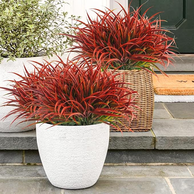 Uieke 28 Bundles Artificial Outdoor Plants UV Resistant Fake Grass Plants Faux Plastic Plants Greenery Shrubs for Home Garden Pathway Window Box Front Porch Cemetery Fall Decor, Autumn Red