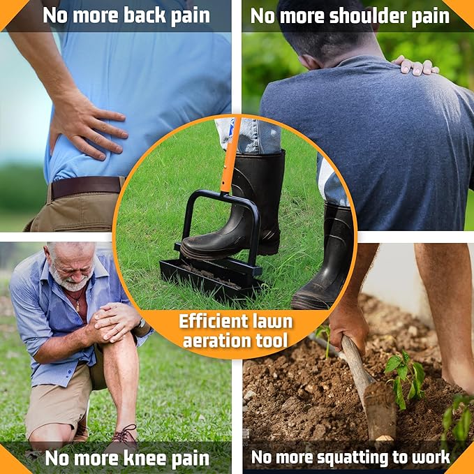 Lawn Aerator Coring Tool with Soil Core Collection Tray, 4 Tines Manual Yard Air Grass Aerator Gardening Tool for Lawn Care Courtyard,Orange（Updated Box）