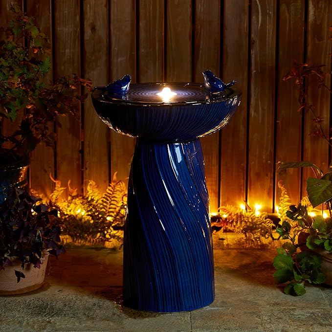 Glitzhome 24.75" H Outdoor Water Fountain with LED Light, Cobalt Blue Two Birds Twist Textured Floor-Standing Fountains, Ceramic Embossed Pattern Pedestal Water Fountain for Yard Patio Backyard