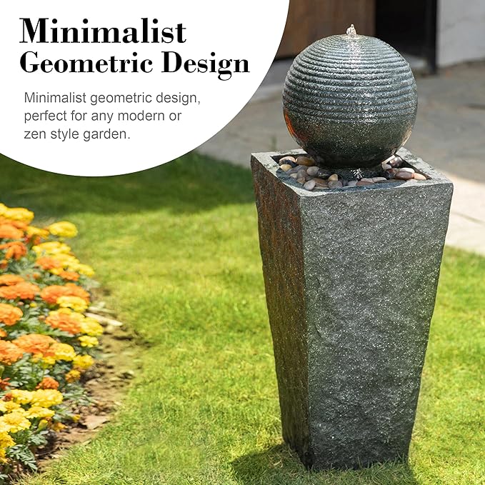 Glitzhome Outdoor Water Fountain with LED Light, Decorative Sphere Pedestal Outdoor Fountain with Submersible Pump, Vintage Waterfall Fountains for Garden Patio Deck Porch, 31.69”H