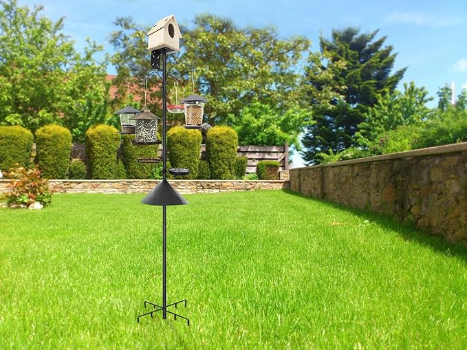 eWonLife 92 Inch Bird Feeder Pole with Squirrel Baffle & Upgraded 9-Prong Base, Adjustable Bird House Pole for Outdoors Heavy Duty, Bird Feeder Stand Post Station with 4 Shepherd Hooks, Birdbath, Tray