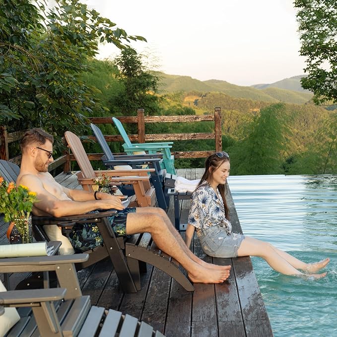 Folding Adirondack Chair with Cup Holder, HDPE Patio Chairs, All-Weather Outdoor Chairs for Backyard, Deck, Fire Pit-Coffee