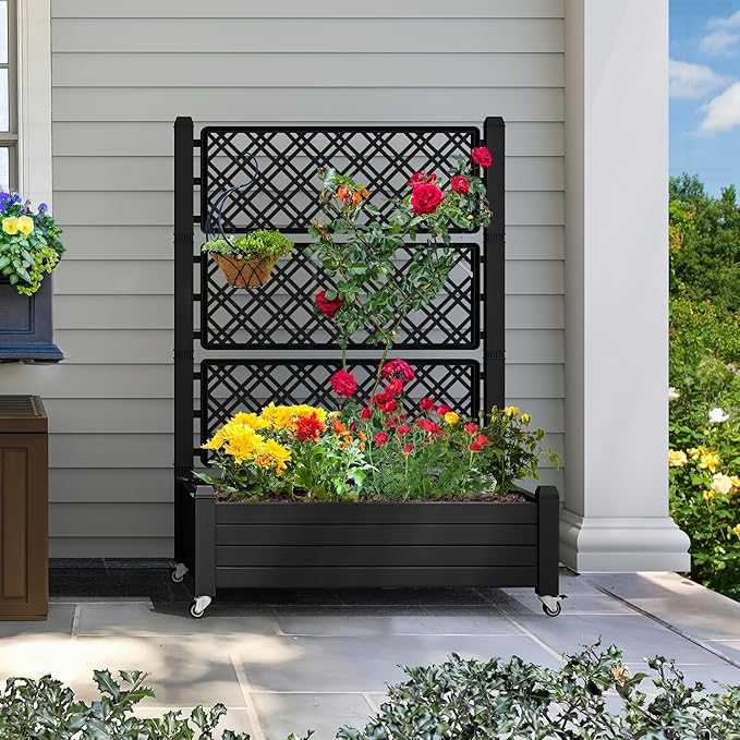 YITAHOME 43.3x17.7x61 in Planter Trellis Box with Wheels & Drain Plug, Outdoor Resin Raised Garden Bed for Climbing Plants, Large Weather-Resistant Design, Black