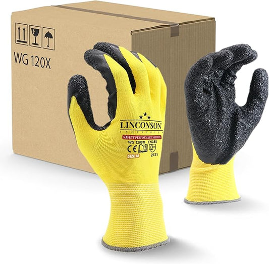 linconson 12 Pack Safety Performance Series Construction Mechanics Wrinkle Latex Work Gloves