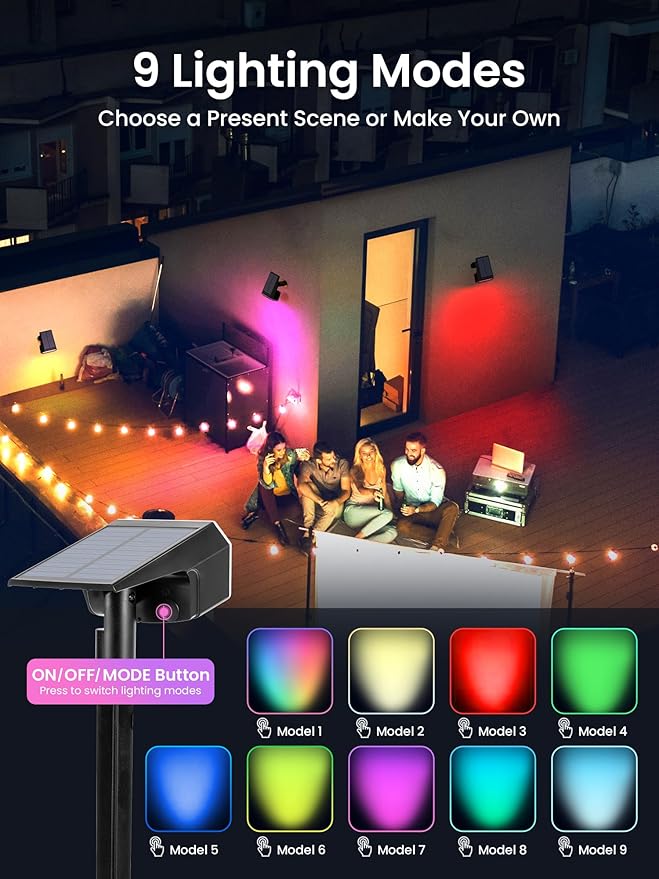 Solar Spot Lights Outdoor, 9 Lighting Modes RGB, Solar Lights Outdoor Waterproof IP65, 63 LED Landscape Spotlights for Halloween Christmas Decorations-1 Pack