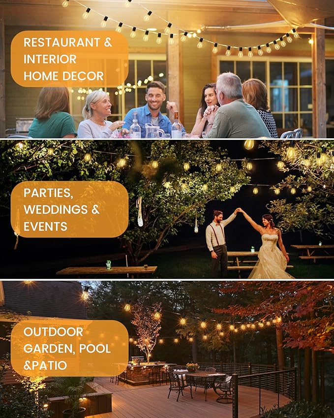 Torkase 100FT LED Outdoor String Lights with 25+2 S14 Shatterproof Bulbs, Commercial Grade Waterproof Patio Lights for Cafe Backyard Deck