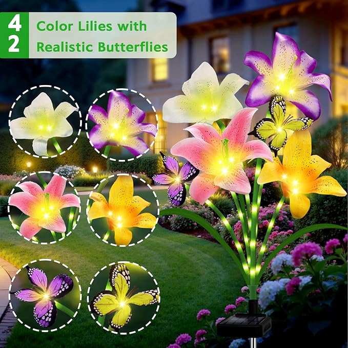 Solar Garden Lights 6 Pack 24 Lily Flowers with Butterfly Decor, Waterproof Solar Flower Lights for Outdoor - Upgraded Decorative Lilies for Yard, Patio, Pathway Decorations & Gardening Gifts
