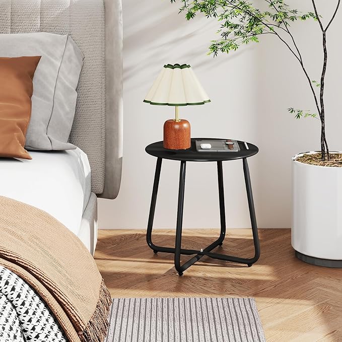 HollyHOME Round Metal Side Table, Rust-Resistant Patio Small Plant Stand, Outdoor 17.32'' Portable End Table for Balconies, Gardens, Living Rooms and Bedrooms, Black