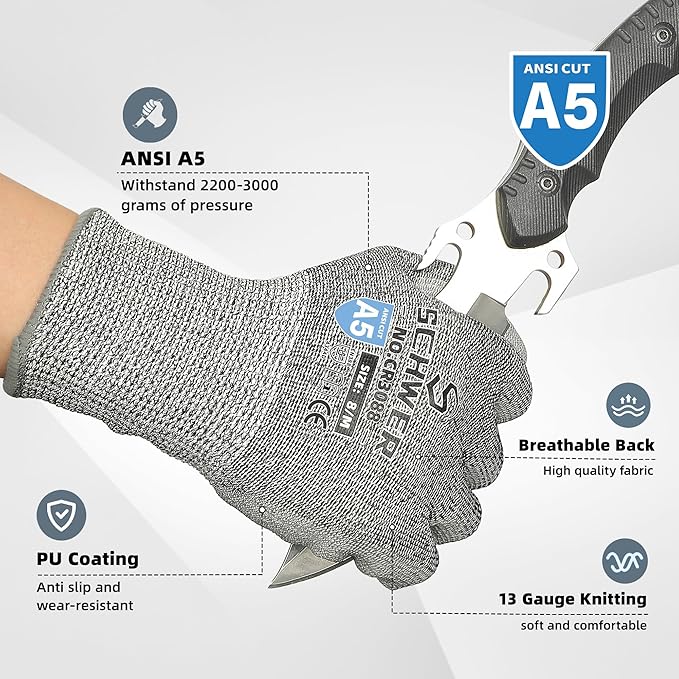 Schwer 240 Pairs ANSI A5 Cut Resistant Work Gloves, Cut Proof Gloves with PU Coating, Used for Metal Fabrication, WoodWorking, Construction, Non Slip, Durable, L, CR3088
