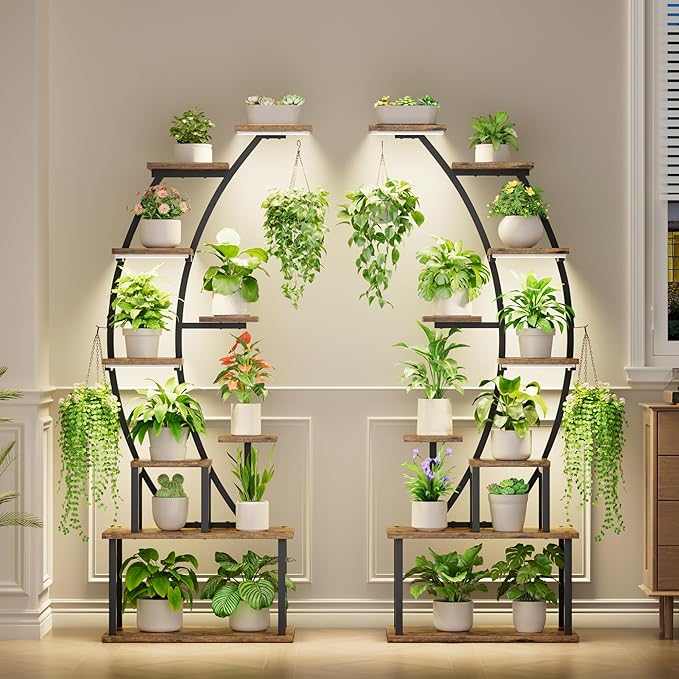 Plant Stand Indoor with Grow Lights, 9 Tiered Metal Plant Shelf, 64" Tall Plant Stand for Indoor Plants Multiple, Large Plant Rack Display Shelves, Curved Plant Holder for Living Room, Patio