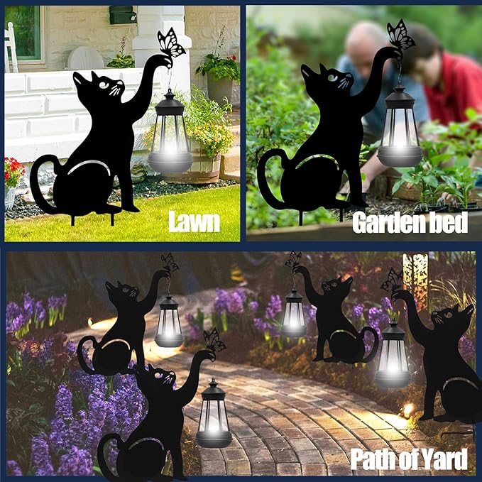 Solar Lights Outdoor Garden Decor - Black Cat Figurine Light Stake with Butterfly Decorative Metal Housewarming Ornament for Yard Pathway Lawn Patio – Unique Gift Ideas for Christmas