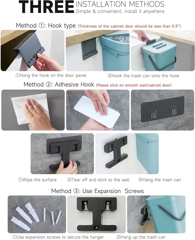 Countertop Compost Bin Kitchen, 1.8 Gallons Hanging Trash Can with Lid for Kitchen Cabinet Door, Under Sink, Wall Mounted Waste Bin for Bathroom, 7L(Lime Green)