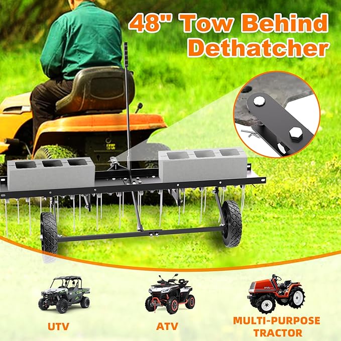 48" Tow Behind Lawn Dethatcher, Pull Behind Rake with 24 Rust-Proof Tines and Heavy Tires, Lawn Tractor Rake with Lift Handle, Black Tow Behind Rakes to Remove Thatch, Leaves from Large Lawn Area