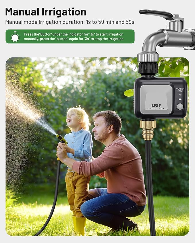 WiFi Sprinkler Timer, Unistyle Programmable Smart Water Timer, WiFi Irrigation Controller with Rain Delay/Auto Mode/Manual, Outdoor Hose Timer for Lawns, Yards and Garden