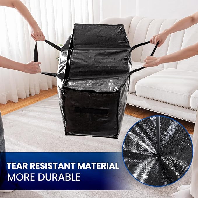 TAILI Extra Large Moving Bags, 12 Pack Black Heavy Duty Totes For Storage with Visible Window, Wrap Around Handles, Storage Bags for Space Saving, Alternative to Moving Boxes