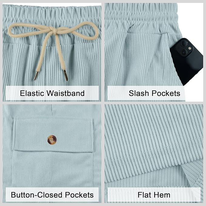 Mens Cargo Shorts Casual Drawstring Elastic Waist Corduroy Summer Beach Shorts with Pockets