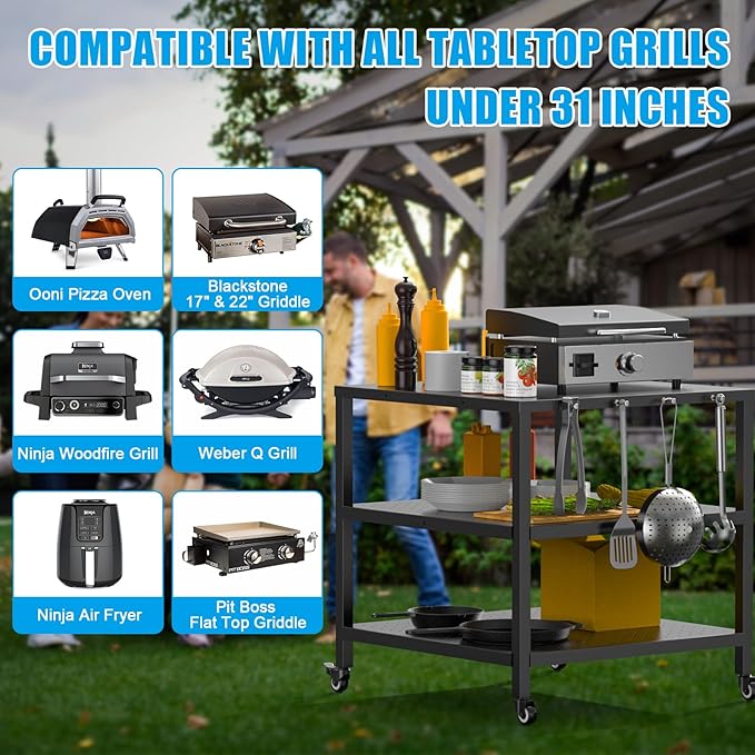 31x31x33 Inch Grill Cart for Outdoor Pizza Oven Table for Ooni, Blackstone, Ninja Grill Stand, Three-Shelf Movable Food Prep and Work Cart Station, Stainless Steel Trolley Table with Waterproof Cover