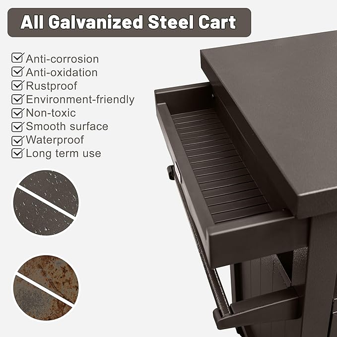Grill Cart Outdoor with Storage Cabinet, Portable Rolling Patio Bar Cart with Wheels, BBQ Prep Table, Movable Stainless Steel Kitchen Island Dining Cart for Food/Drink/Cooking-Brown