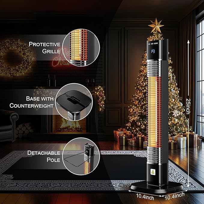 Patio Heater for Outdoor,1500W Electric Infrared Radiant Heaters with Remote for Garage Bedroom Backyard, Room Space Heater with 24H Timer,3 Heat Settings,Tip-over Protection for Indoor, 25"