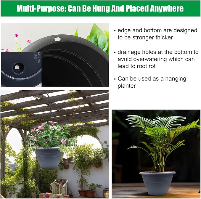 Plant Pots Set of 5, 10" Outside Diameter Flower Pots, 8.5" Inner Diameter Planters with Drainage Hole, Durable Garden Pots Perfect for Indoor & Outdoor Plant Planting, Decor, Gray