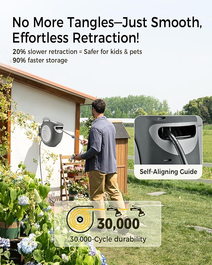 Retractable Garden Hose Reel 1/2 in x 85 ft Upgraded UV Resistant Heavy Duty Automatic Hose Reel Wall Mount 3/4 in Brass Fitting 9 Pattern Nozzle Any Length Lock Slow Retraction