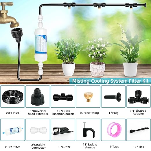 50FT Misters for Outside Patio Outdoor Misting System with Water Filter Automatic Cooling Patio Greenhouse Fan BBQ Pool Mist Kit for Irrigation Garden Durable All-Weather 1/4" Tubing