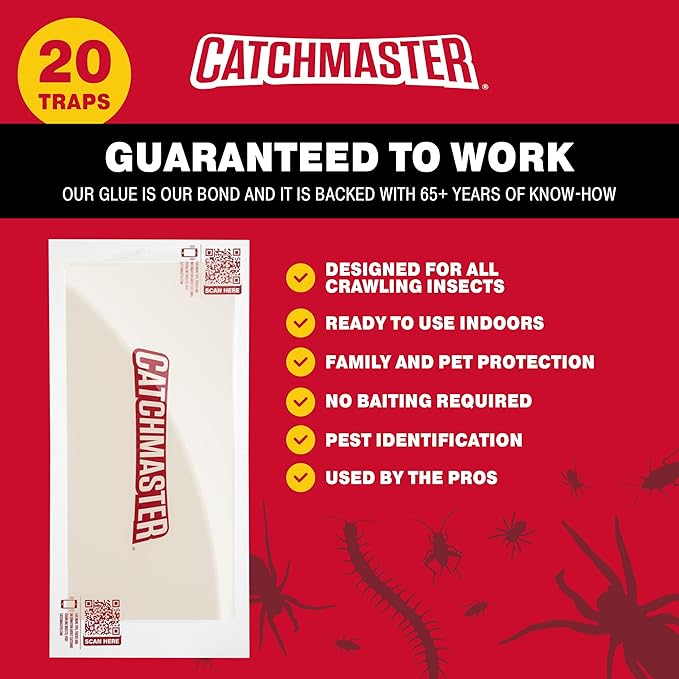Catchmaster Crawling Insect Trap XL Giant Glue Traps 20-PK, Adhesive Bug Catcher, Spider, Cricket, Ant & Roach Traps for Home, Bulk Insect Glue Boards for House & Garage, Pest Control for Home