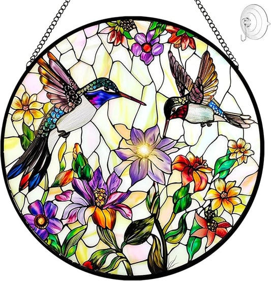 Hummingbird Suncatcher Stained Glass Window Hanging - Bird and Flowers Suncatchers for Windows - Sun Catchers Indoor Window Wall Art Home Decor Panel - Hummingbird Gifts for Women Men Mom Bird Lovers