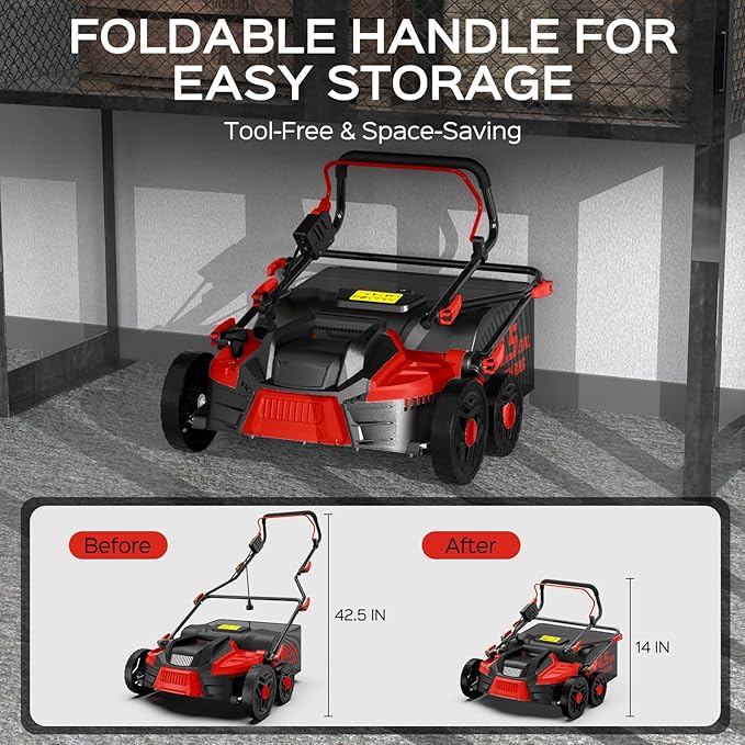 16-Inch 15.5 Amp 2-in-1 Electric Dethatcher and Scarifier with 14.5-Gallon Collection Bag, Lawn Dethatcher with 5-Position Adjustment, Quick-Fold, Keeps Lawn Healthy - Red