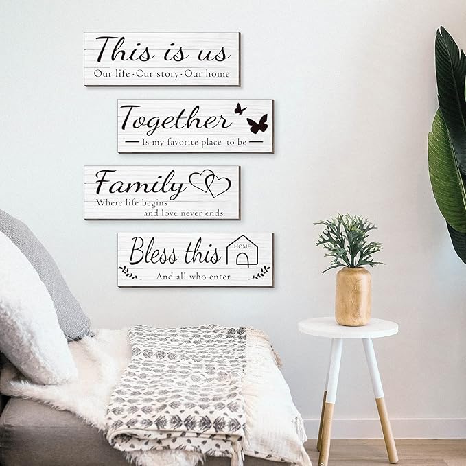 4 Pieces Wooden Home Wall Art Decor, Rustic, Farmhouse THIS IS US/TOGETHER/BLESS THIS HOME/FAMILY Decor Signs For Living Room Bedroom, 4.7 x 13.8 Inch(White)
