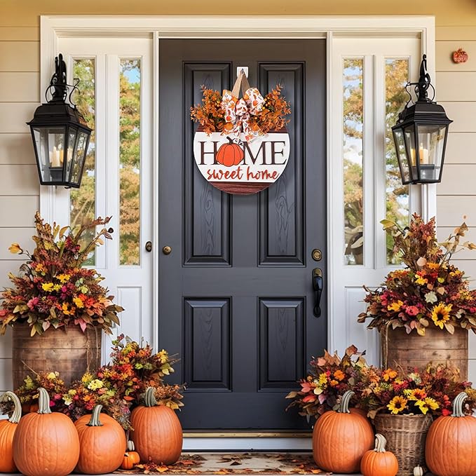 Hello Pumpkin Welcome Wooden Hanging Sign Fall Wreath for Front Door | Fall Autumn Harvest Decor with Bow & Wreath | Farmhouse Rustic Thanksgiving Porch & Wall Plaque | Indoor Outdoor Home Decor