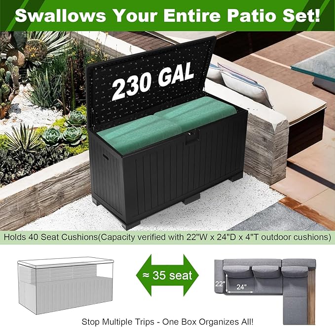 260 Gallon Outdoor Storage Box Waterproof, Extra Large Plastic Outside Deck Box Weatherproof, Resin Patio Storage Bin with Lock and Lids for Pool Equipment, Cushion, Black