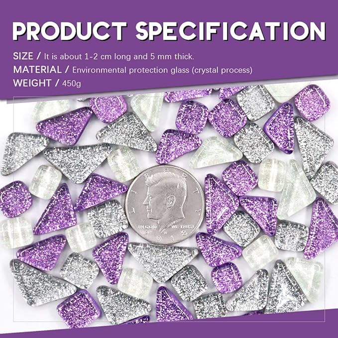 Swpeet 1 Pound Sliver + Purple Shine Crystal Series Mosaic Tiles Assortment Kit, Square and Triangle Genuine Mosaic Tiles Glitter Crystal Mosaic Perfect for Home Decoration Crafts - Mosaic Tiles K