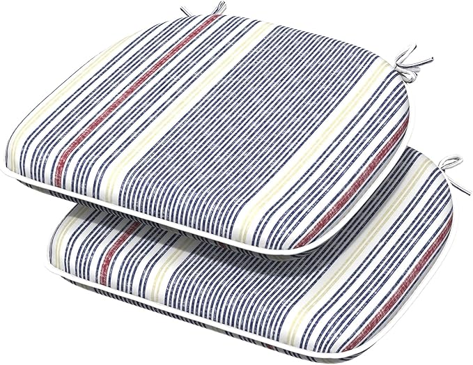 Indoor/Outdoor Chair Cushions 16x17 Inch, Patio Chair Cushions with Ties, All Weather Seat Cushions for Patio Furniture Home Garden Chair Use, Set of 2, Stripe Denim Blue