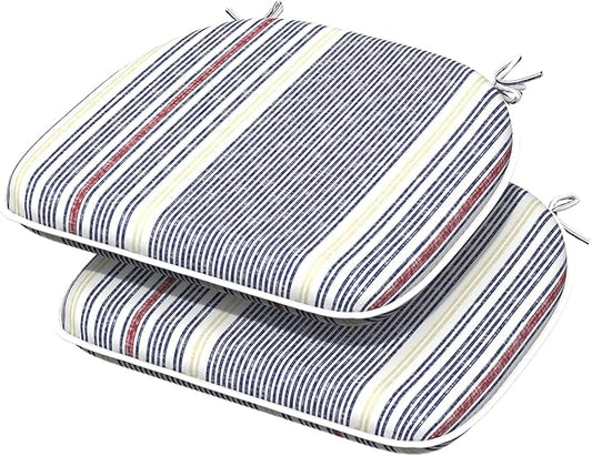 Indoor/Outdoor Chair Cushions 16x17 Inch, Patio Chair Cushions with Ties, All Weather Seat Cushions for Patio Furniture Home Garden Chair Use, Set of 2, Stripe Denim Blue